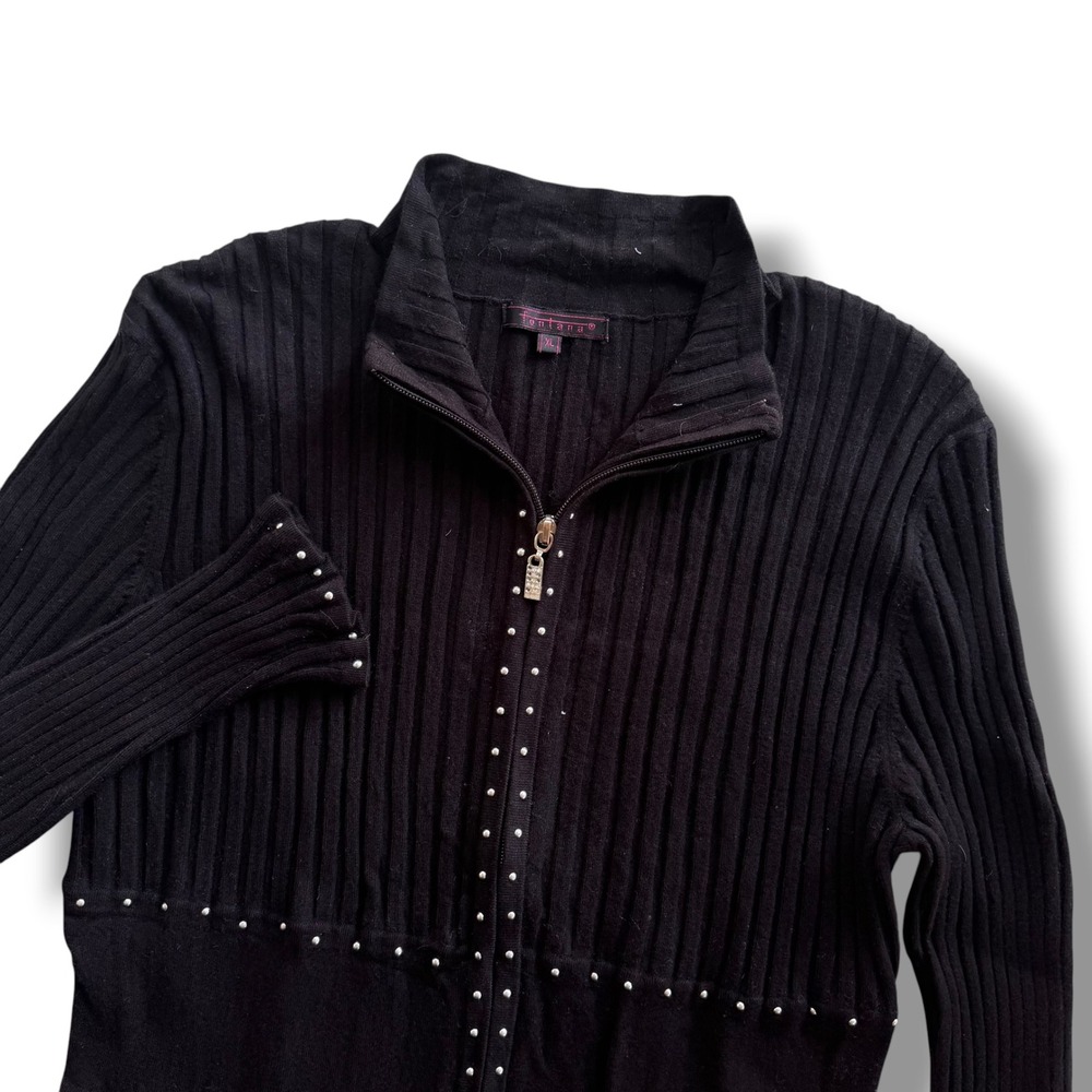 Fontana Sz XL Black Ribbed Full Zip Studded Mock Neck Cardigan Sweater Y2K Bling
